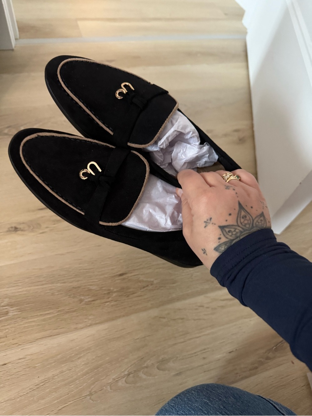 Woman Black Suede Loafers with Gold Accent